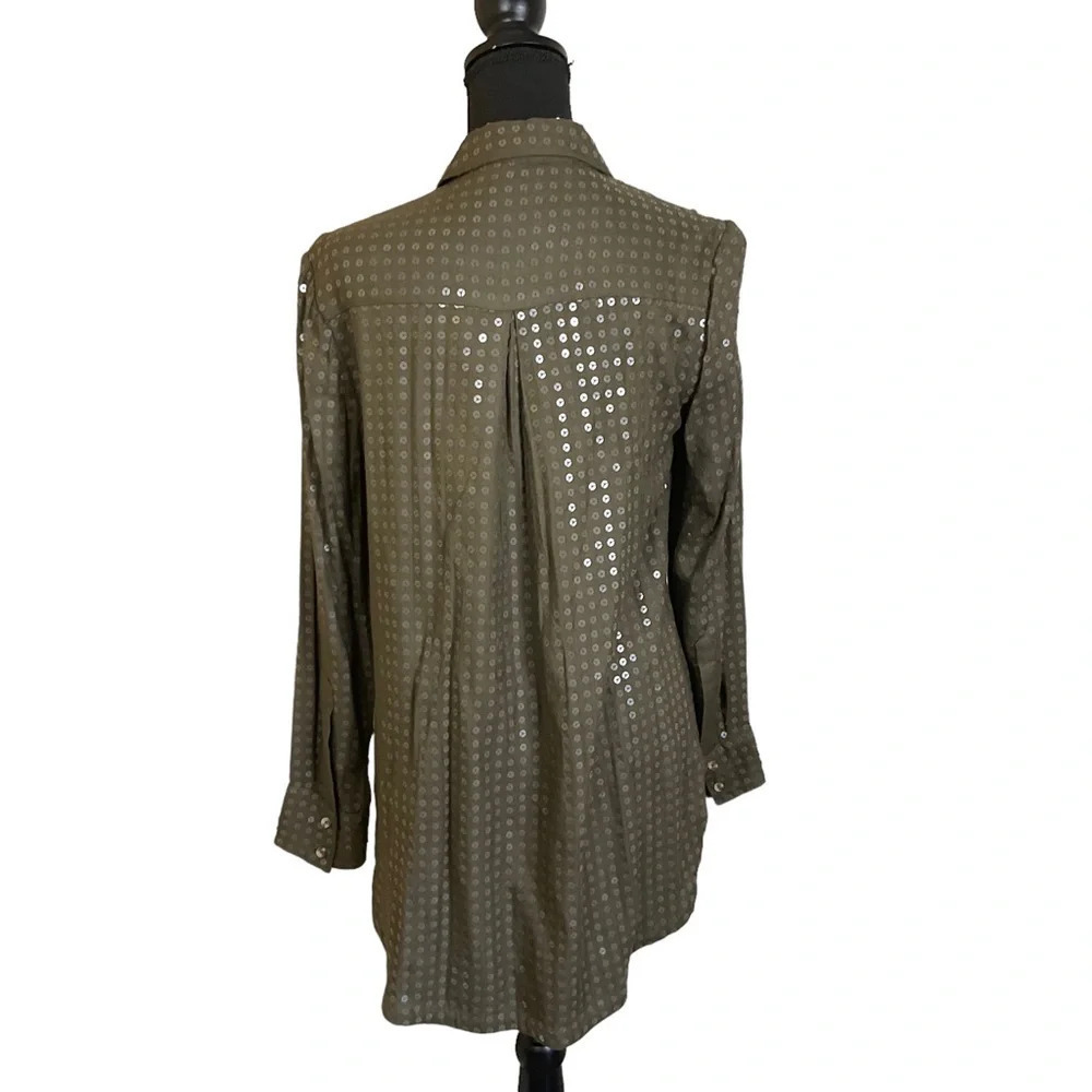 Maeve Anthropologie Arwa olive green button up shirt with sequins. Size:XS - Picture 4 of 14